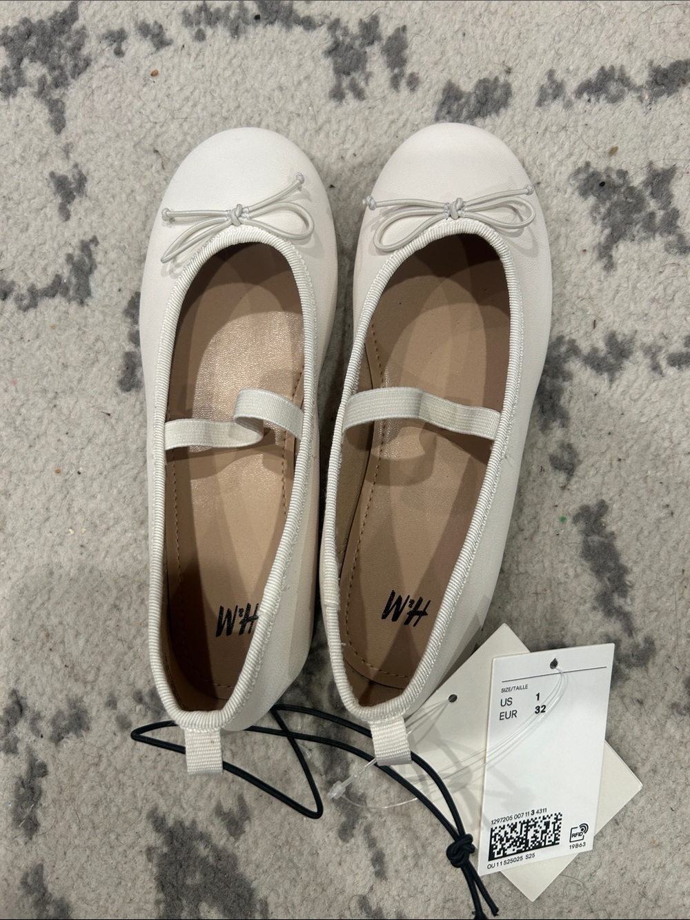 H&M White Girls' Ballet Flats with Bow and Elastic Strap